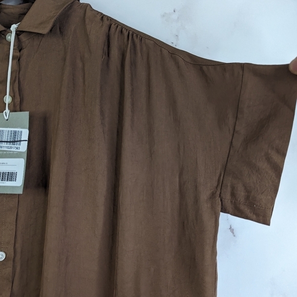 Everlane Shirt 00 2XS Women Brown Coco Button Up Short Sleeve Japanese Go Weave - Picture 15 of 16